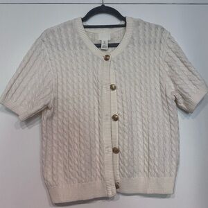 H&M Cream Cable Knit Short Sleeve Cardigan with Gold Buttons